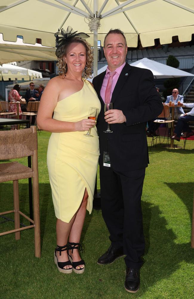 MELBOURNE, AUSTRALIA – OCTOBER 16 2024 Kaylene and Brian at the Caulfield Social race day at Caulfield racecourse on Wednesday 16th October, 2024 Picture: Brendan Beckett