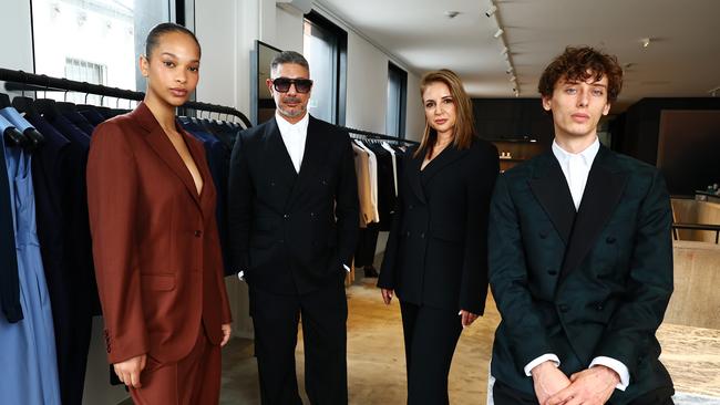 Joe and Katy Farage of fashion label Farage ahead of their Fashion Week debut with models Cindy Toms, far left, and Ethan Bischoff, right. Picture: John Feder/The Australian.