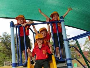 SCHOOL YARD DAYS: Matthew Stefanon, Alanna Fox, and Oliver Haysom (front) Oliver Fraguas are all ready to start school. Picture: Liana Walker