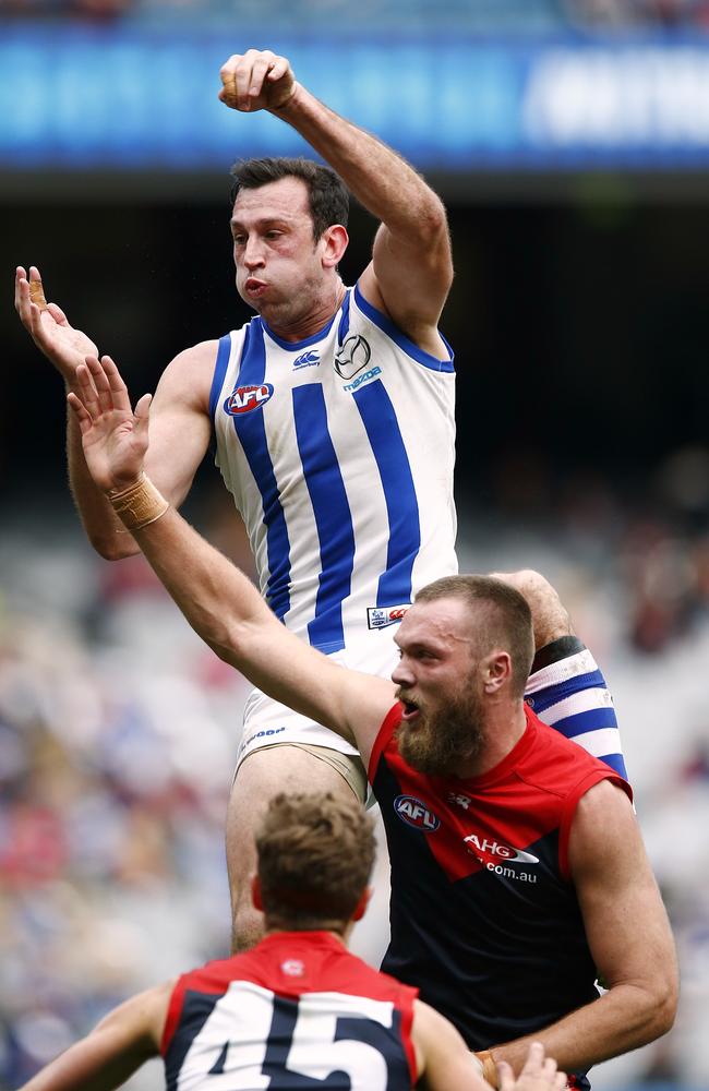 Todd Goldstein asserts his authority over Gawn in this contest last year. Picture: Wayne Ludbey