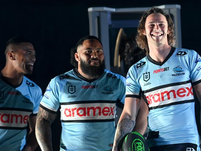 (L-R) Cronulla players Ronaldo Mulitalo, Siosifa Talakai and Nicho Hynes are not the future – they’re right now. Picture: Jeremy Piper