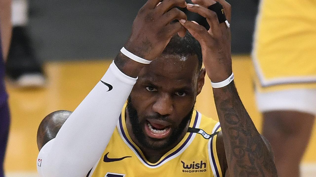 LOS ANGELES, CALIFORNIA - JUNE 03: LeBron James #23 of the Los Angeles Lakers reacts after a Phoenix Suns foul in the second quarter during game six of the Western Conference first round series at Staples Center on June 03, 2021 in Los Angeles, California. (Photo by Harry How/Getty Images) NOTE TO USER: User expressly acknowledges and agrees that, by downloading and or using this photograph, User is consenting to the terms and conditions of the Getty Images License Agreement. ***BESTPIX***