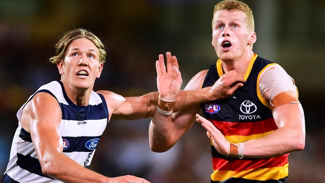 Back-up Crows ruckman Reilly O'Brien up against Geelong’s Rhys Stanley. Picture:  Mark Brake/Getty Images)