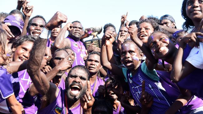 Tikilaru Dockers celebrate their win against Tuyu Buffaloes during the TIFL grand final. Picture: Keri Megelus