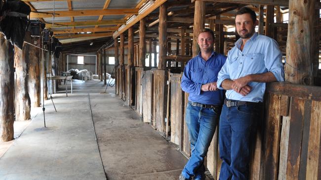 Marcus (left) and Tom Hooke in the shearing shed at Warwillah Station south of Hay in the NSW Riverina, which they moved to from Serpentine. Picture: Genevieve Barlow