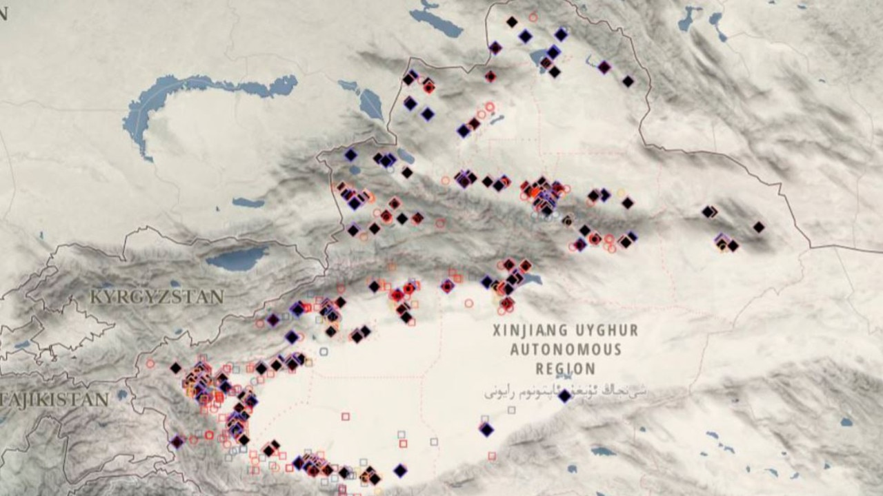 A map of some of China’s ‘re-education’ camps, part of a vast network of facilities in the northwestern Xinjiang province. Picture: Australian Strategic Policy Institute