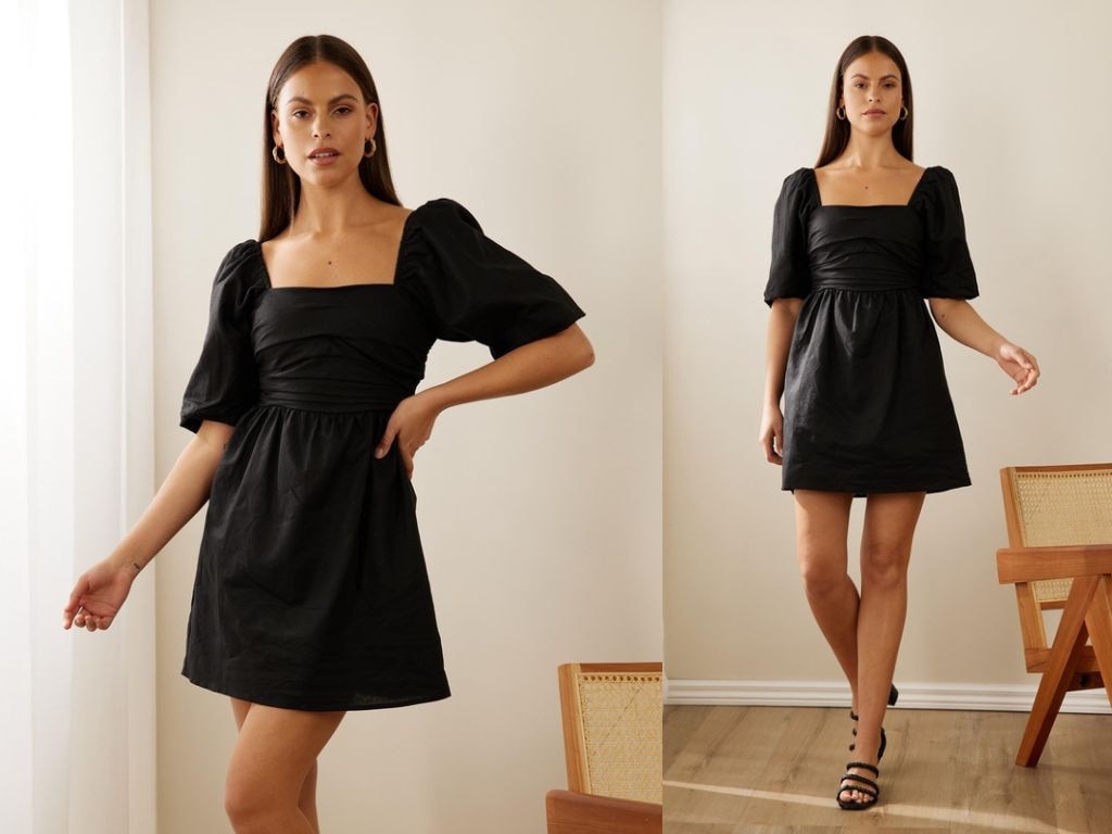 Atmos & Here Fern Linen Blend Gathered Puff Sleeve Mini Dress