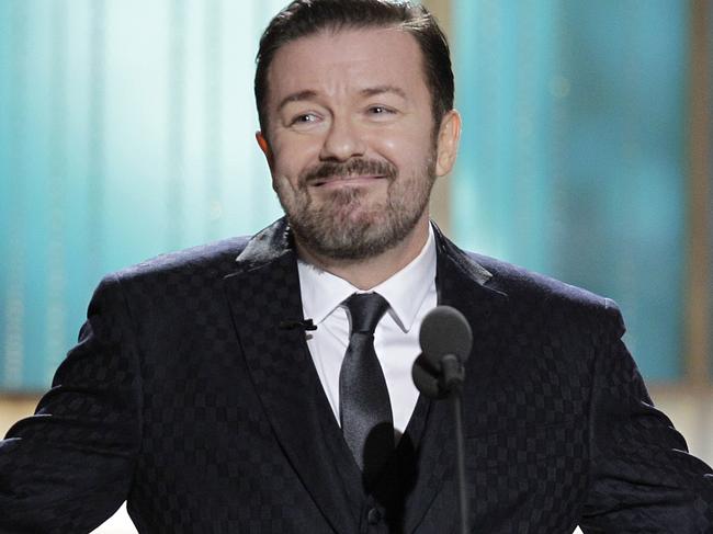 68th ANNUAL GOLDEN GLOBE AWARDS -- Pictured: Host Ricky Gervais on stage during the 68th Annual Golden Globe Awards held at the Beverly Hilton Hotel on January 16, 2011  (Photo by Paul Drinkwater/NBC/NBCU Photo Bank via Getty Images)