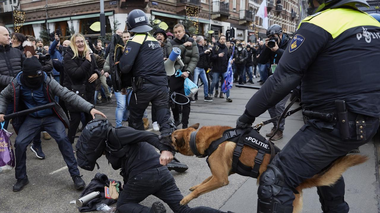 There were ugly scenes in the Netherlands this week after protesters clashed with police as Covid unrest spreads across Europe. Picture: Pierre Crom/Getty Images