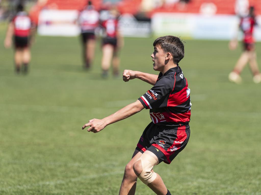 James Morcom attempts a conversion for Valleys against Southern Suburbs in U13/14 boys Toowoomba Junior Rugby League grand final at Toowoomba Sports Ground, Saturday, September 7, 2024. Picture: Kevin Farmer