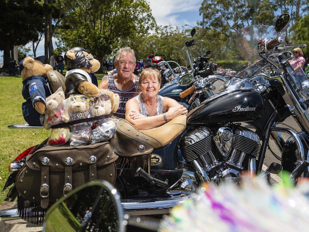 Stephen and Leone O'Neill with the bears and soft toys on their Indian Motorcycle to be donated after the Toowoomba Toy Run hosted by Downs Motorcycle Sporting Club, Sunday, December 18, 2022.
