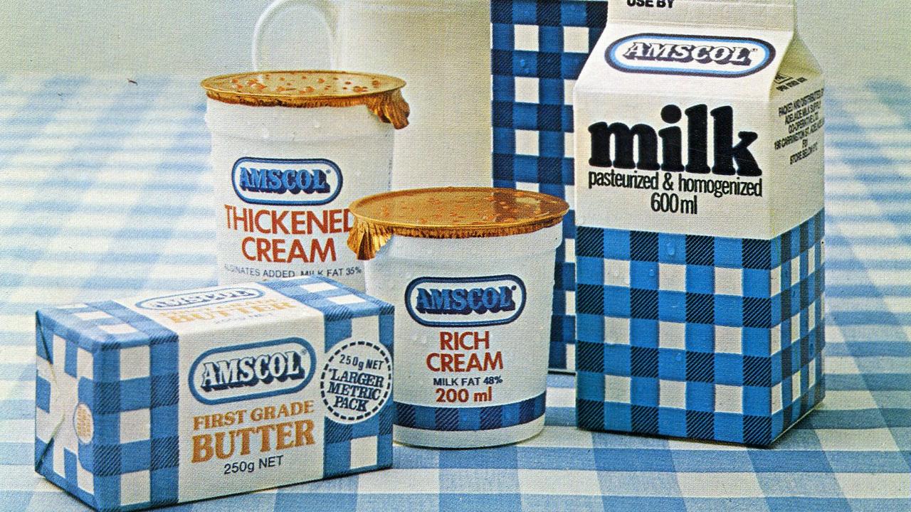 Amscol milk cartons, tubs of cream and slab of butter. Image taken from Adelaide Milk Supply Co-Operative Limited fifty-fourth annual report 1975.