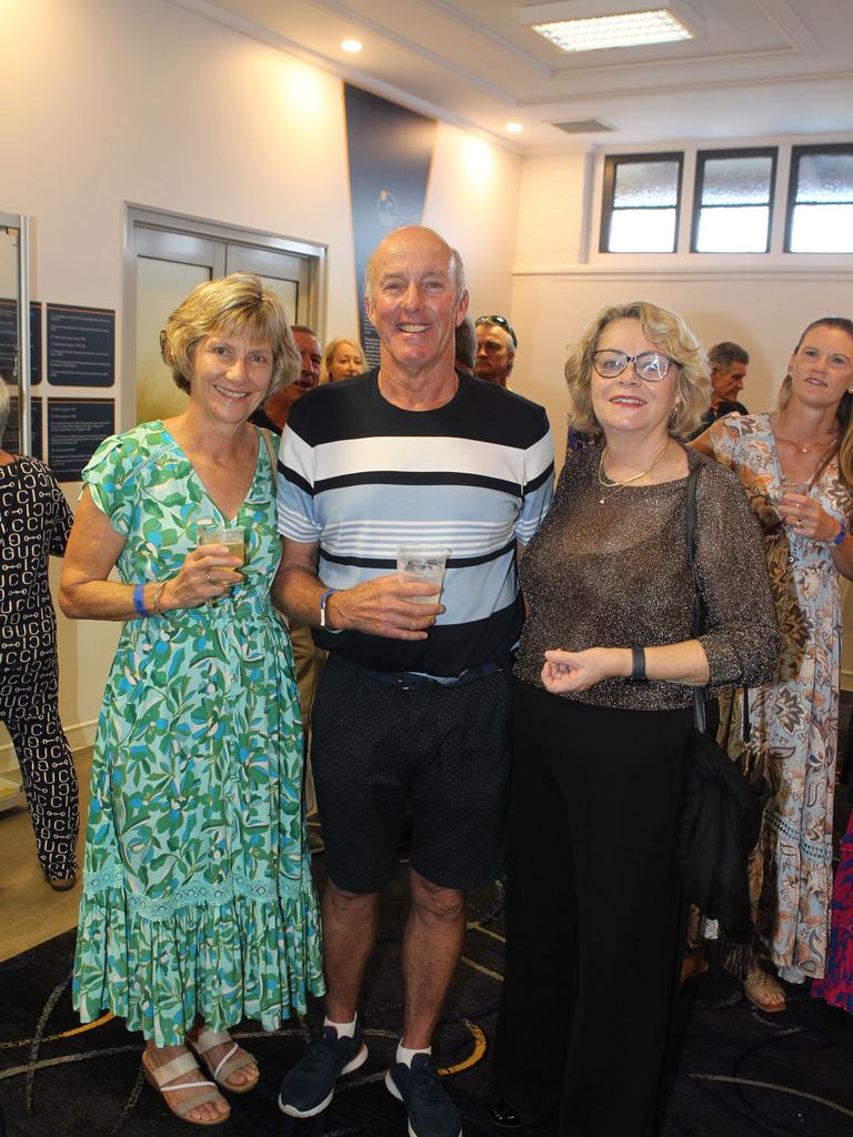 Southport SLSC 100th birthday celebrations. Sally Davies, Bruce Parry, Gai Mills. 19 October 2024 Main Beach Picture by Richard Gosling