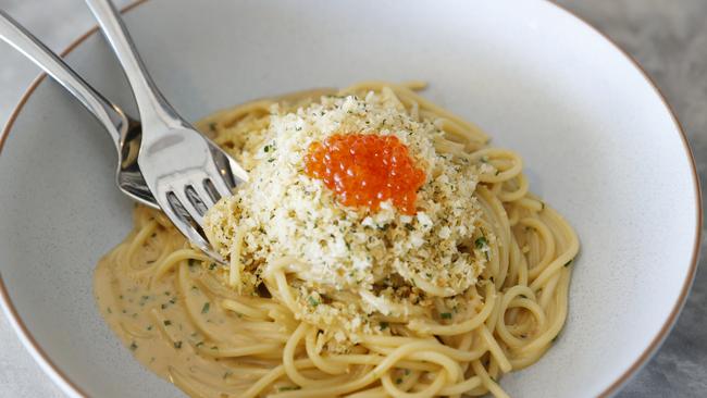 Spaghetti tossed with sea urchin cream at Lucios Marina at Tewantin. Picture Lachie Millard