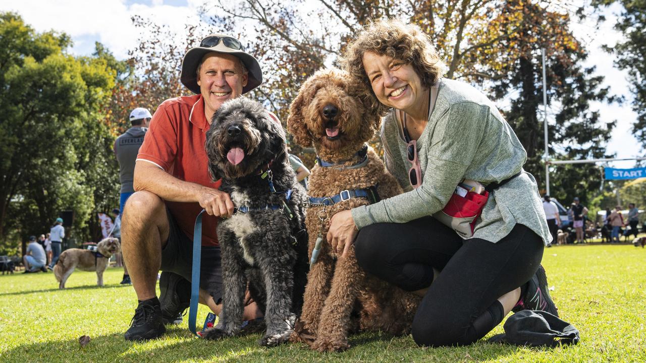 Andrew Tennent with bordoodle Winston and Lisa Hudson with groodle Humphrey at Toowoomba's Million Paws Walk at Queens Park, Friday, May 24, 2024. Picture: Kevin Farmer