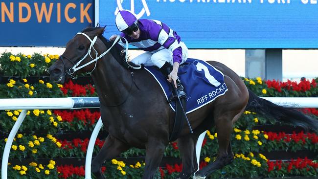 Riff Rocket and James McDonald storm home to win the Group 1 Australian Derby at Randwick.