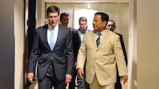 Indonesian Defence Minister Prabowo Subianto’s visit to the United States for talks with US Defence Secretary Mark Esper. Picture: Twitter