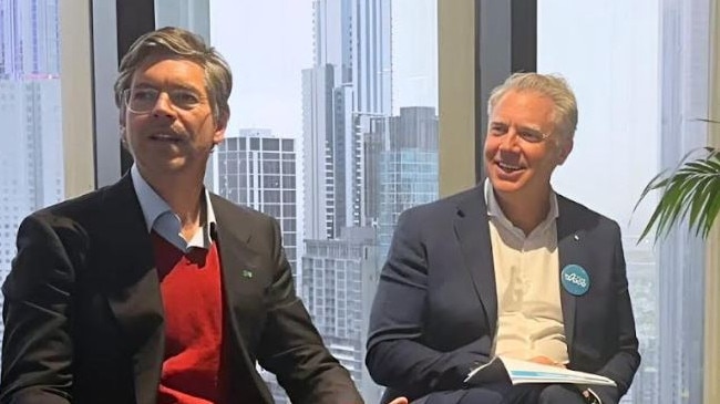 Lord mayoral candidates Nick Reece (left) and Arron Wood shared a laugh and appeared at ease as they sat next to each other at a debate on Wednesday. Picture: X