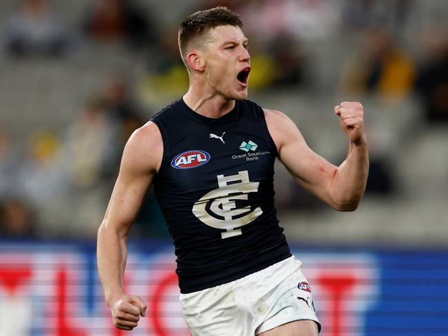 Sam Walsh celebrates kicking a goal on Sunday afternoon. Picture: Michael Willson/AFL Photos via Getty Images.