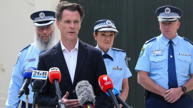 NSW Premier Chris Minns at a media briefing with senior police officers on Wednesday. Picture: Gaye Gerard/NewsWire