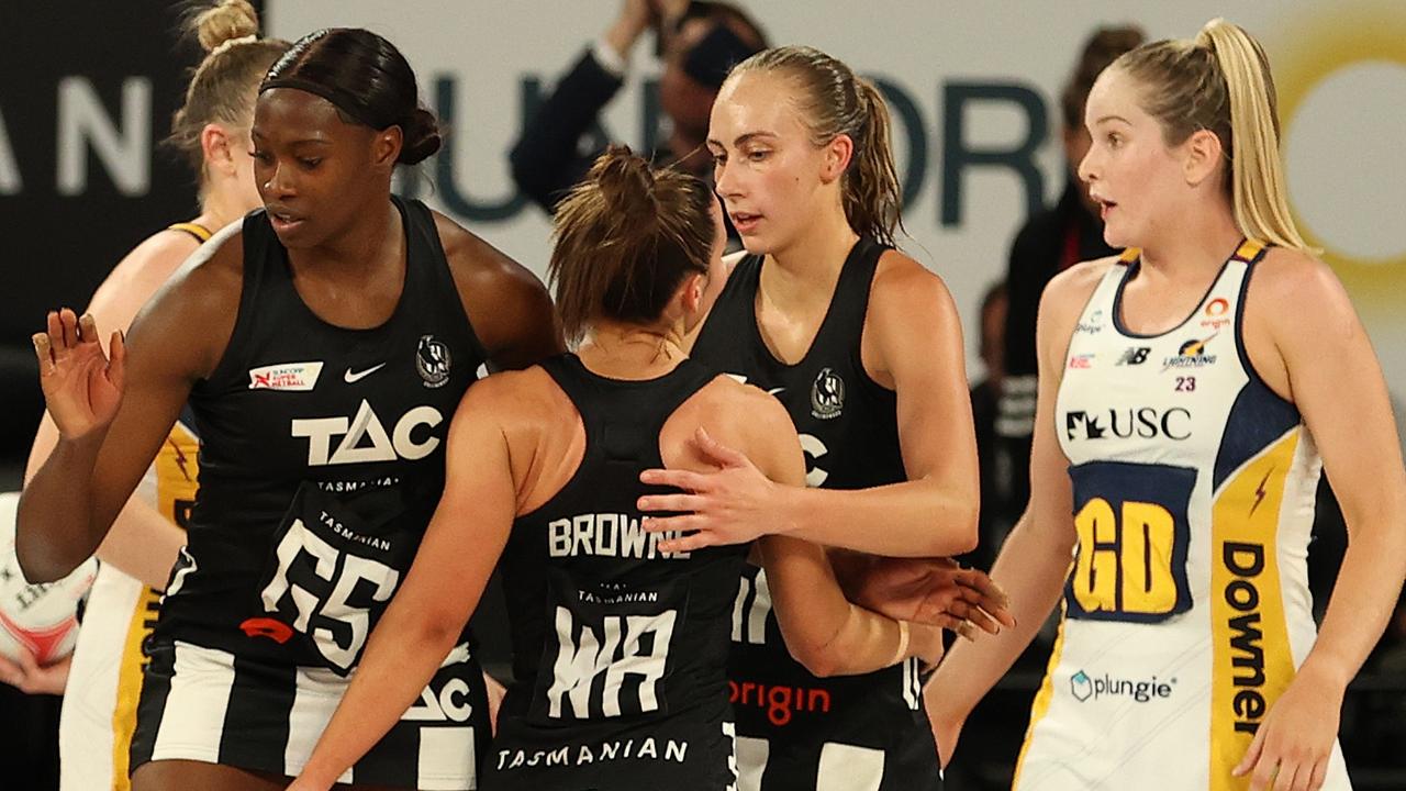 MELBOURNE, AUSTRALIA - APRIL 13: The Magpies celebrate after they defeated the Lightning during the round four Super Netball match between Collingwood Magpies and Sunshine Coast Lightning at John Cain Arena, on April 13, 2022, in Melbourne, Australia. (Photo by Robert Cianflone/Getty Images)