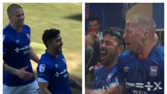 Massimo Luongo was in party mode after helping seal promotion for Ipswich Town. Credit: EFL/Ipswich Town.