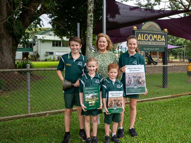 Aloomba students Heath Schweitzer, Principal Robyn Corbett, Matilda Henderson, Kenzie Murphy and Trey Kapor. Picture Emily Barker.