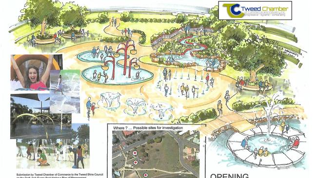 An artist's impression of the water play park proposed for Jack Evans Boat Harbour submitted to council on Tuesday by the Tweed Chamber of Commerce. Picture: Supplied.