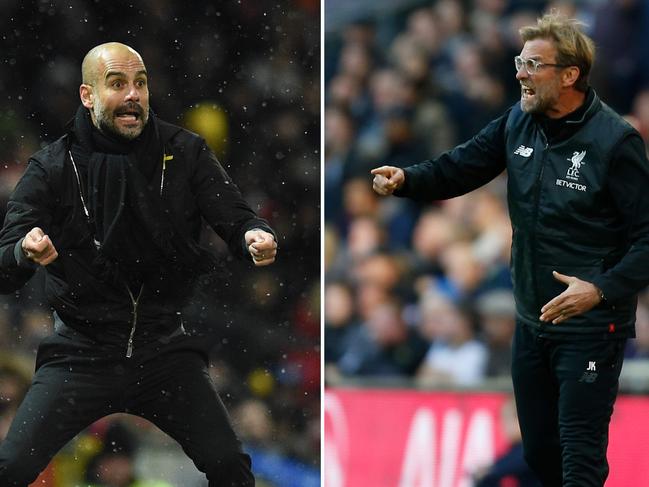 A combination of pictures created in London on April 2, 2018 shows Manchester City's Spanish manager Pep Guardiola (L) gesturing from the touchline during the English Premier League football match between Manchester United and Manchester City at Old Trafford in Manchester, north west England, on December 10, 2017 and Liverpool's German manager Jurgen Klopp (R) gesturing on the touchline after Salah scores their first goal during the English Premier League football match between Tottenham Hotspur and Liverpool at Wembley Stadium in London, on October 22, 2017. Jurgen Klopp has no qualms about saluting Pep Guardiola's ability to create 