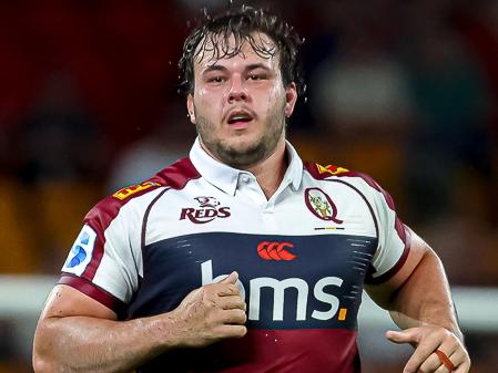 Queensland Reds prop Massimo de Lutiis on his Super Rugby Pacific debut against Moana Pasifika at Suncorp Stadium on February 21, 2025. Picture: QRU Media