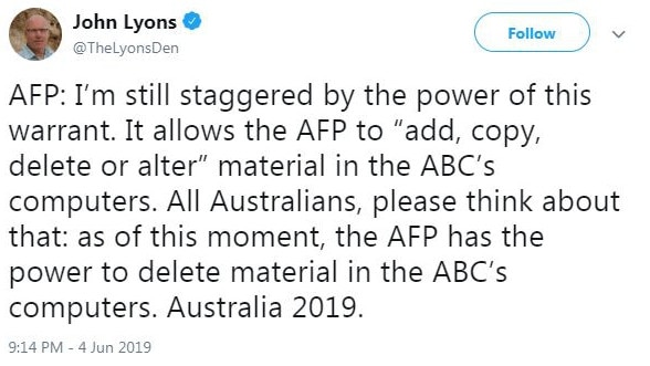 One of ABC Executive Editor John Lyons tweets on the AFP raids. Picture: Twitter