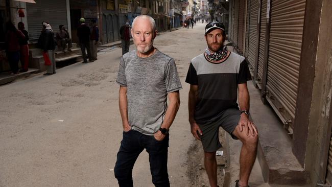 Tony Symons and Ryan Cox on the empty streets of Thamel, Kathmandu. Picture: Brad Fleet