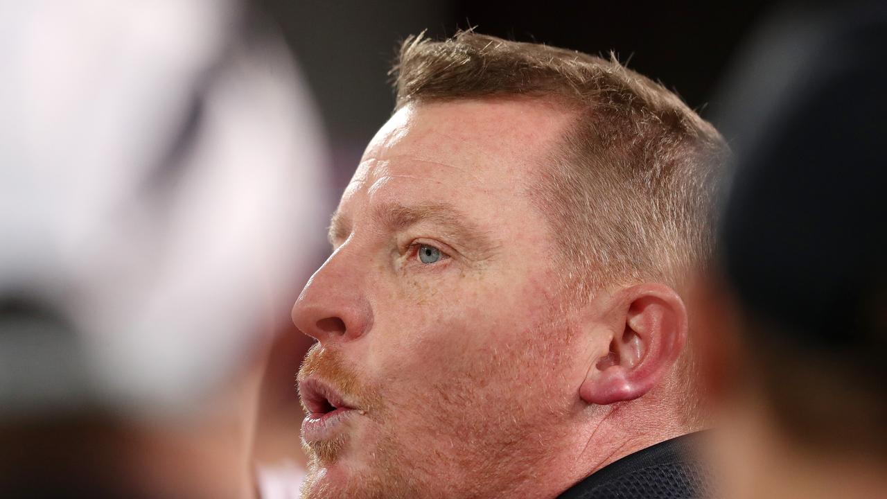 Michael Voss speaks to his Carlton players. Picture: Sarah Reed/AFL Photos via Getty Images