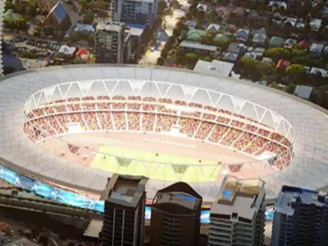 Screen grabs from a digital depiction of how the Gabba will be transformed for the 2032 Olympics in Brisbane.