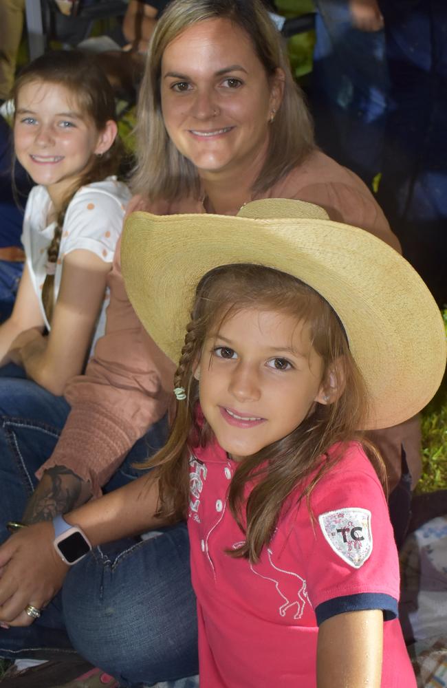 Tayla, 11, Jaz, and Kadence, 9, Simpson, of Koumala, at the Sarina CRCA Rodeo. Photo: Janessa Ekert