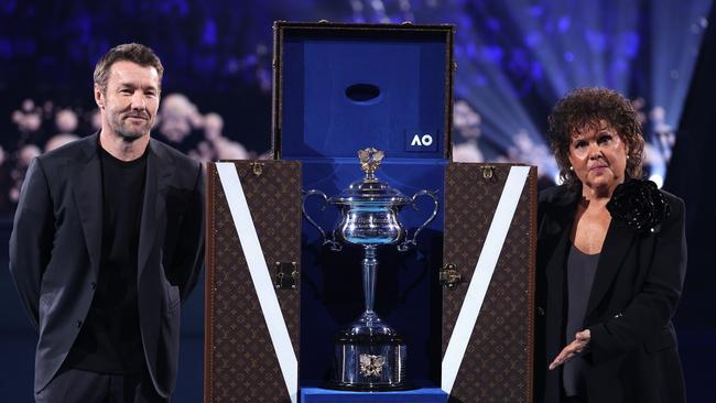 The Daphne Akhurst Memorial Cup revealed by Joel Edgerton and Evonne Goolagong Cawley. Picture: Julian Finney/Getty Images.