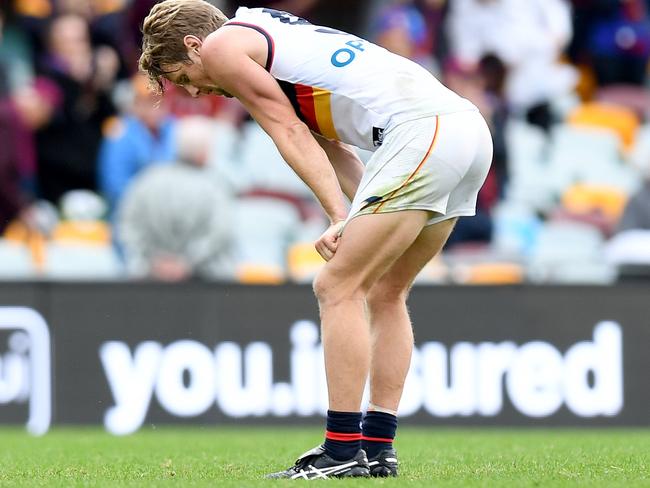 Crows captain Rory Sloane looks dejected after his team’s Round 4 loss to Brisbane.