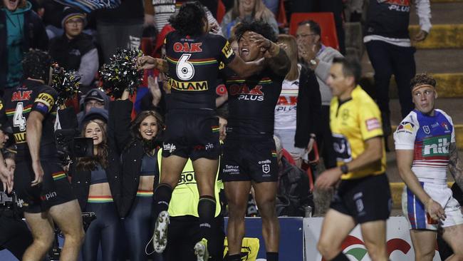 Brian To'o celebrates with Jerome Luai after scoring a sensational try. Picture: Getty Images