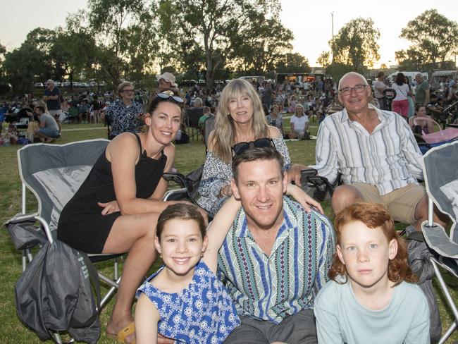 Elsie Lutze, Matt Lutze, Charlie Lutze, Amy Lutze, Karen Cain and Rob Cain at Mildura's 2024 NYE party. Picture: Noel Fisher