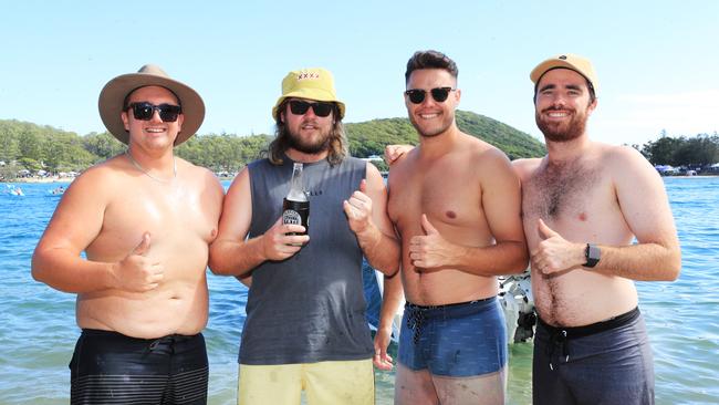 Gold Coast local lads Blake Morrow, Taj Farane, Jordan Williams and Bailey Williams were celebrating Australia Day at Tallebudgera Creek. Photo: Scott Powick
