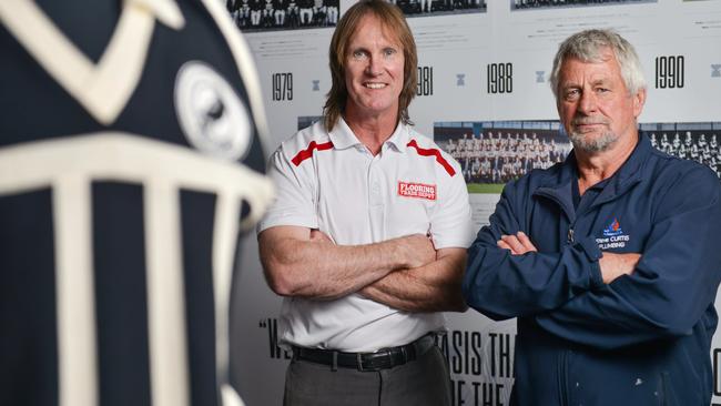 Port Adelaide’s Greg Anderson (left) and Steve Curtis at the club last week, reflecting on the 1984 grand final loss to Norwood. Picture: Brenton Edwards