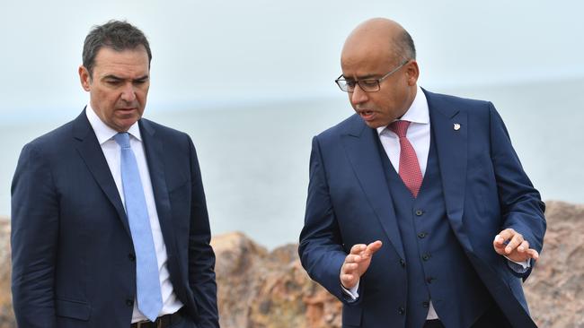 Executive Chairman of GFG Alliance Sanjeev Gupta (right) and South Australian Premier Steven Marshal on the Whyalla Jetty.