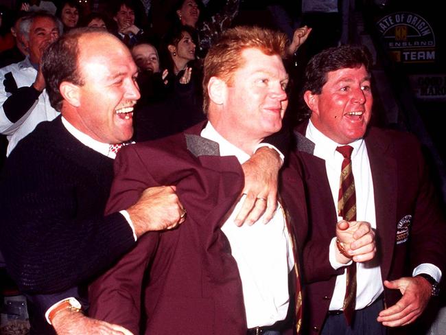 Queensland icons Wally Lewis, Paul Vautin and Chris Close celebrate winning the 1995 State of Origin series.
