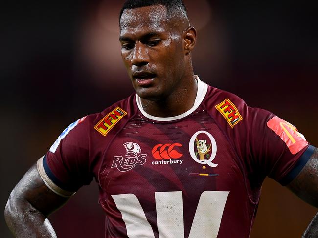 BRISBANE, AUSTRALIA - APRIL 29: Suliasi Vunivalu of the Reds looks on during the round 10 Super Rugby Pacific match between the Queensland Reds and the Western Force at Suncorp Stadium, on April 29, 2023, in Brisbane, Australia. (Photo by Albert Perez/Getty Images)