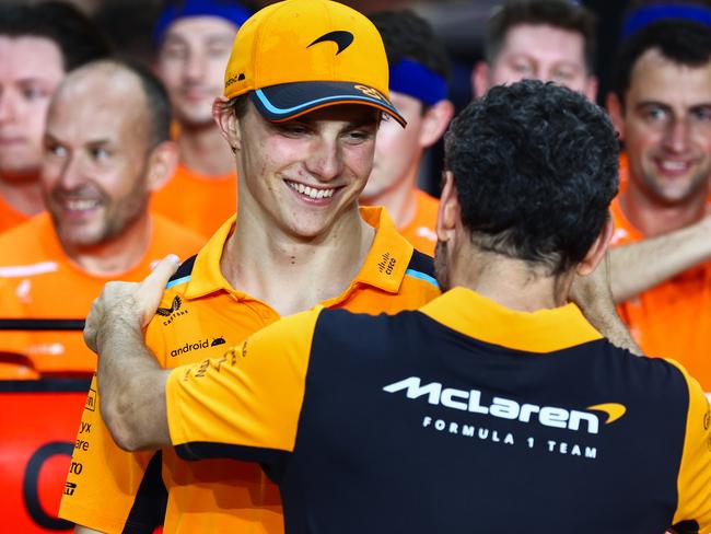Oscar Piastri and McLaren team principal Andrea Stella share a moment. Picture: Clive Rose/Getty Images