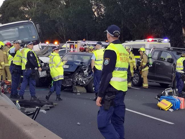 The scene of the “catastrophic” crash on the M4 motorway at Mays Hill. Picture: Steve Hart/Twitter @SteveHart10News