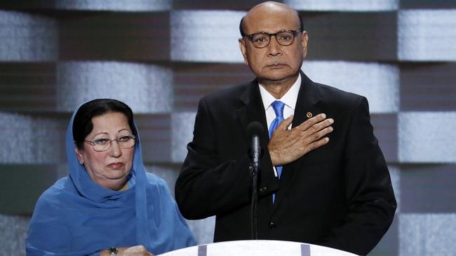 Khizr Khan, father of fallen US Army Capt. Humayun S.M. Khan and his wife Ghazala at the podium at the Democratic National Convention. Picture: Scott Applewhite/AP