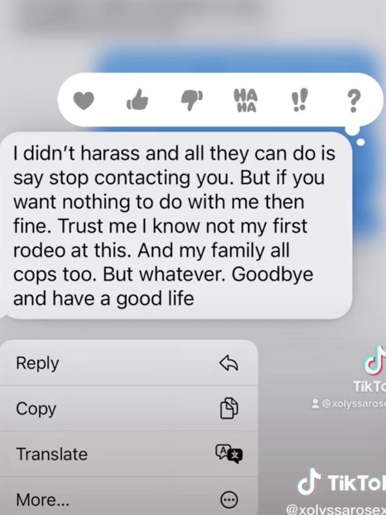 He responds by saying his family are cops and it isn’t his “first rodeo”. Picture: TikTok/@xolyssarosexo.