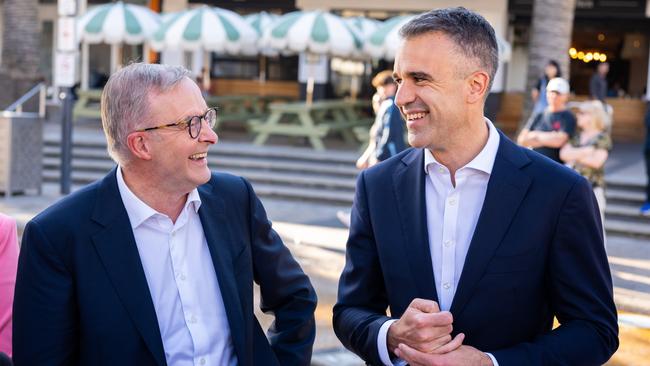 Federal Labor leader Anthony Albanese and Premier Peter Malinauskas talk in Moseley Square, Glenelg, on April 7. Picture: NCA NewsWire / Morgan Sette