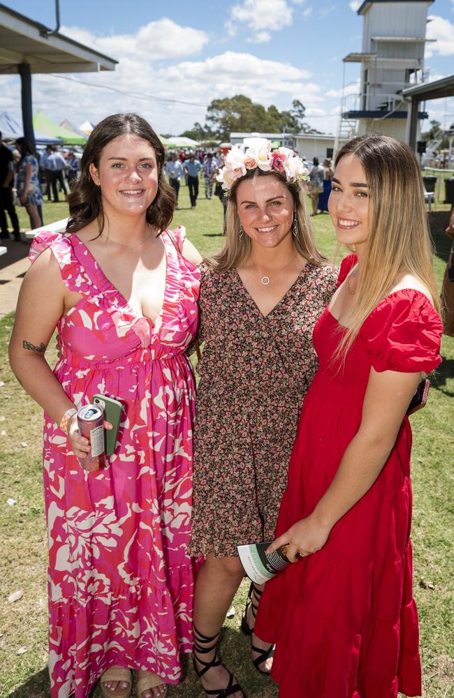 At the Clifton Races are (from left) Lauen Smith, Kiara Bressington and Jess Barnett hosted by Clifton Jockey Club, Saturday, October 28, 2023. Picture: Kevin Farmer